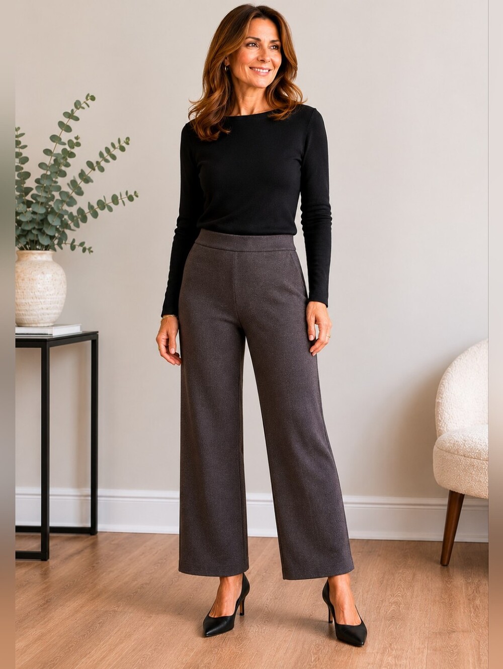 St. John Collection Knit Wool Blend Ankle Pants Brown Pull-On Wide Leg
